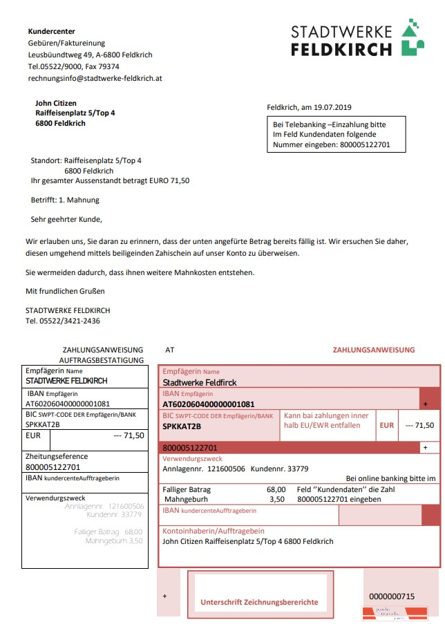 Austria Stadtwerke Feldkirch utility bill